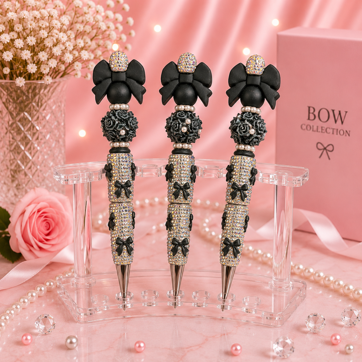 Schleifen Glitzer Kugelschreiber - Schwarz / Silber glitter Rose