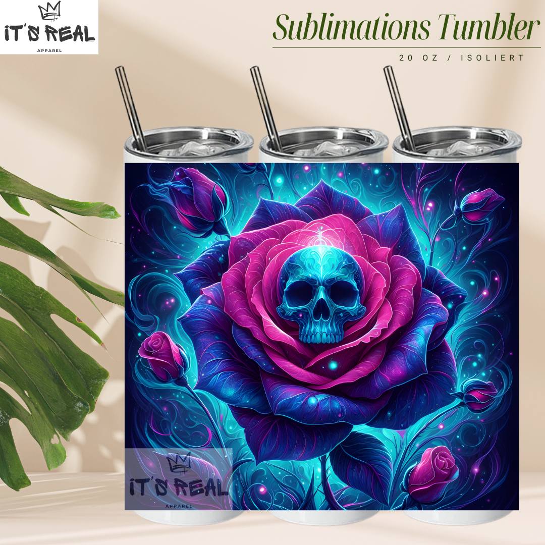 Skinny Tumbler 600ml - Neon Skull Rose