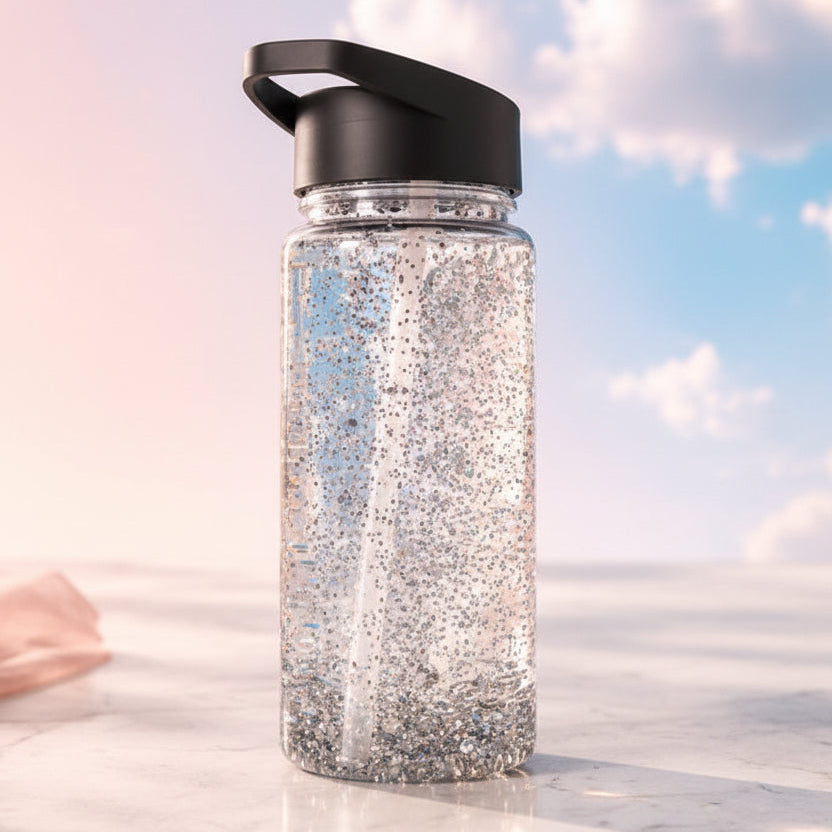 Glitzer Plastik Trinkflasche - Schwarz