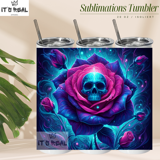 Skinny Tumbler 600ml - Neon Skull Rose