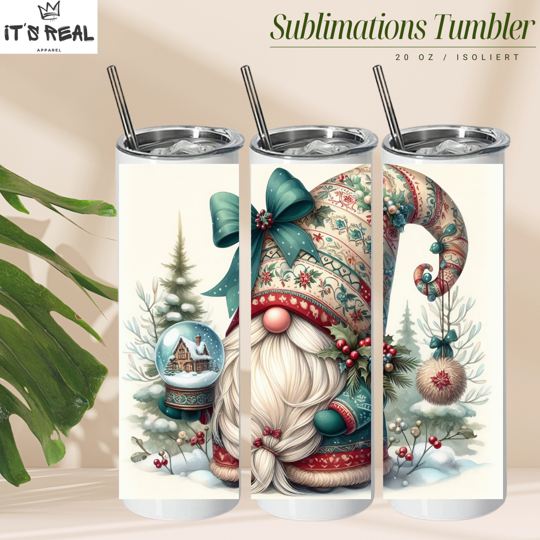 Skinny Tumbler 600ml Snowglobe Gnome
