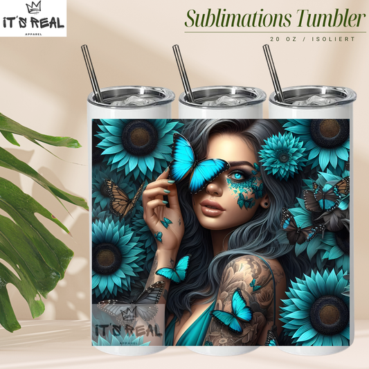 Skinny Tumbler 600ml - Teal Flower