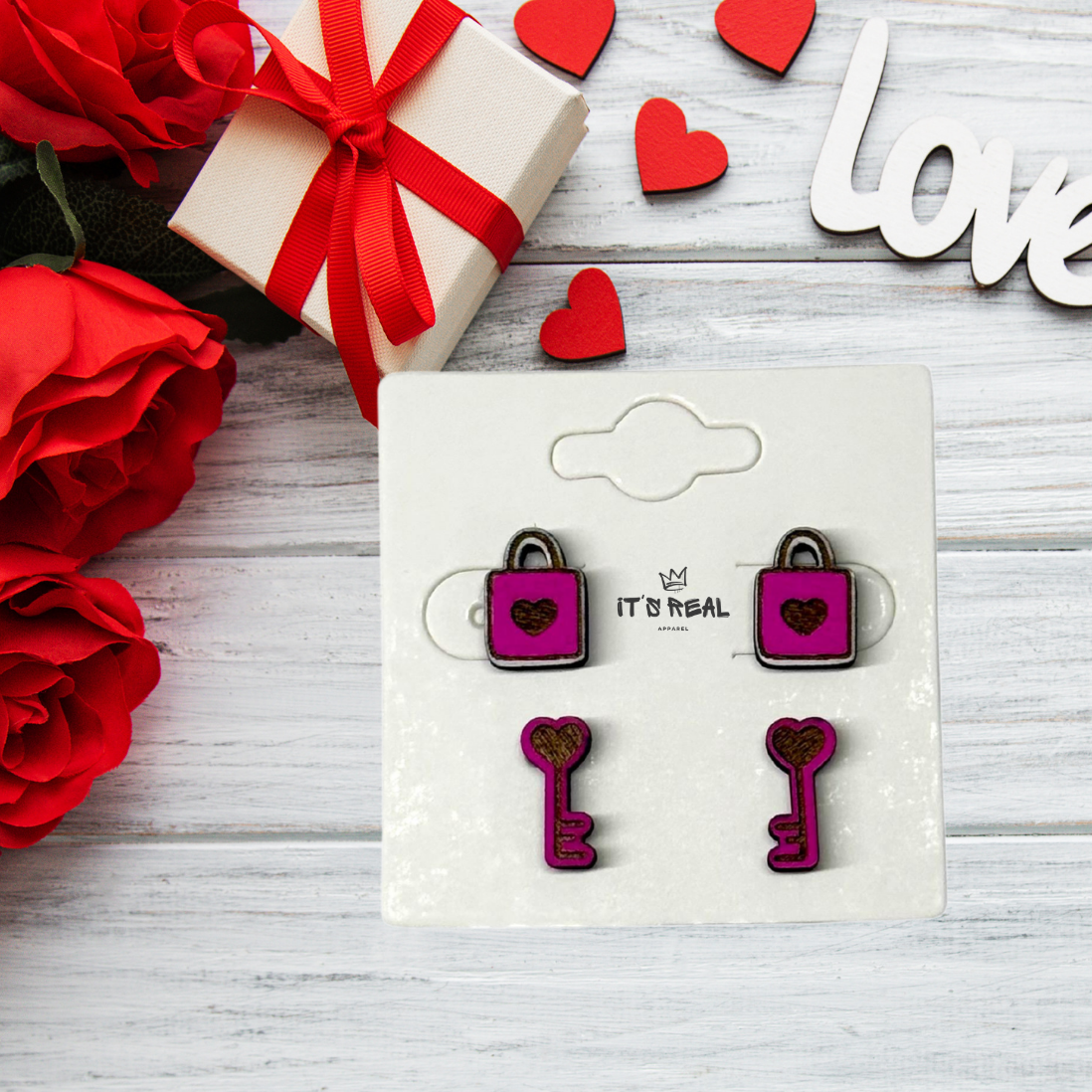 Ohrring Set - Pink lock and key