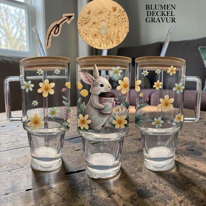 XL Trinkglas Coffee First + Blumen Laser Deckel