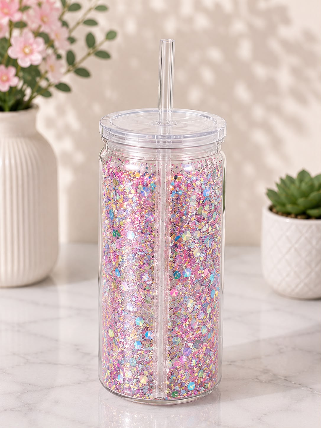 Glitzer Plastik Becher - Transparent